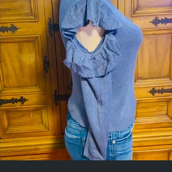 Open Shoulder Ruffled Blue Sweater - Picture 3 of 10